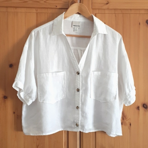 INDUSTRY Tops - Industry Republic Clothing White Linen Cropped Short Sleeve Button Down Shirt